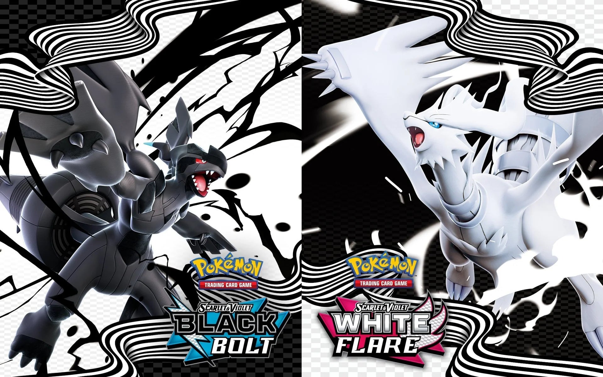 Two Pokémon characters, Black Bolt and White Flare, from a trading card game on a black and white abstract background.